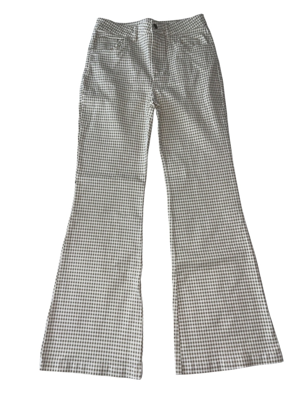 NWT Hello Franki Girls Teen Large Gingham Flare Pants Brown White Stretch